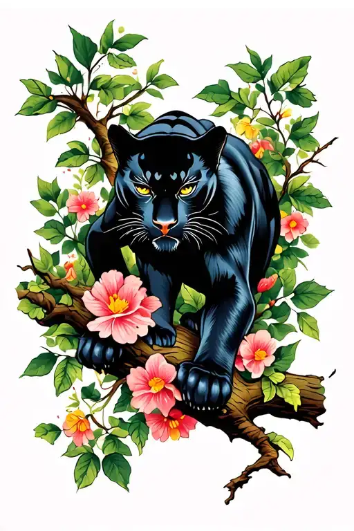 Black Panther Slinging Forward On Tree Branch Surrounded By Flowers And Vines