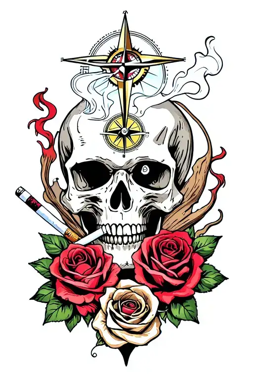Skull Smoking Cigarette Compass And Roses Intertwined