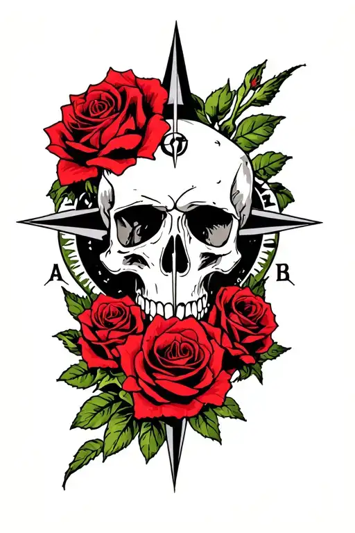Flash Skull Compass And Roses Intertwined