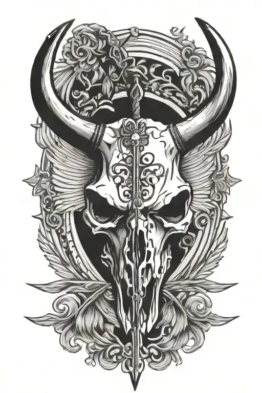 Bull Skull With Sword Down The Middle Black And White