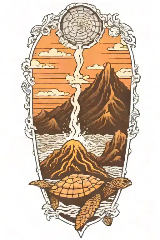 Volcano Flowing Lava Into Ocean With Sea Turtles Black And White