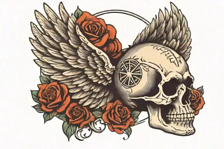 Skull With A Cross On Forehead With Angelic Wings Spread Evenely