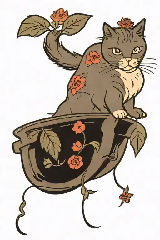 Cat In A Flower Pot With Flowers Around The Cats Head