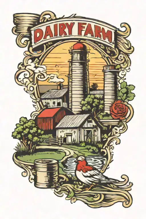 Traditional Style Tattoo Of A Dairy Farm Scene With A Bowling Alley In The Background
