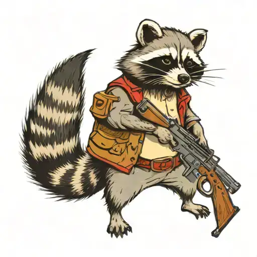 Raccoon Stands In Full Height With A Gun