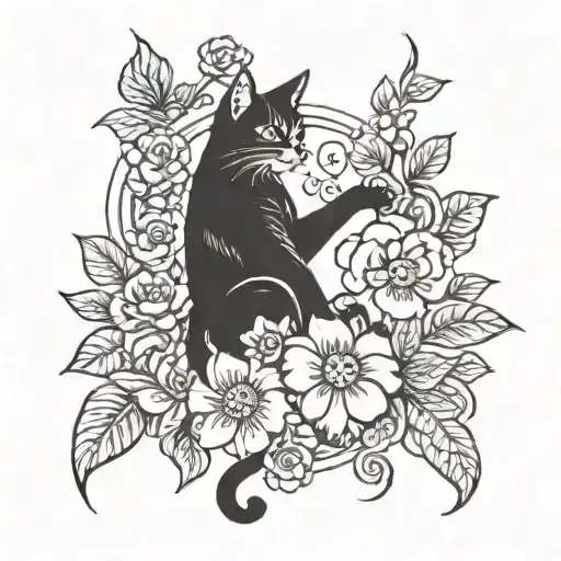 Cat Climbing With Flowers Around It