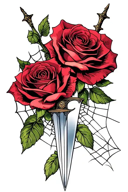 Two Roses With A Dagger Piercing And Spider Web