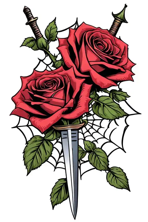 Two Roses With A Dagger Piercing And Spider Web