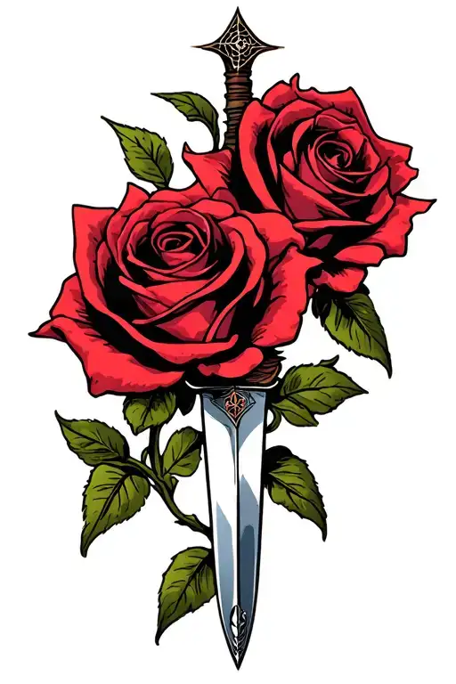 Two Roses With A Dagger Piercing And Spider Web