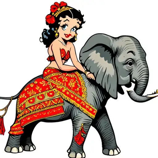 Betty Boop Riding A Elephant With Trunk Up