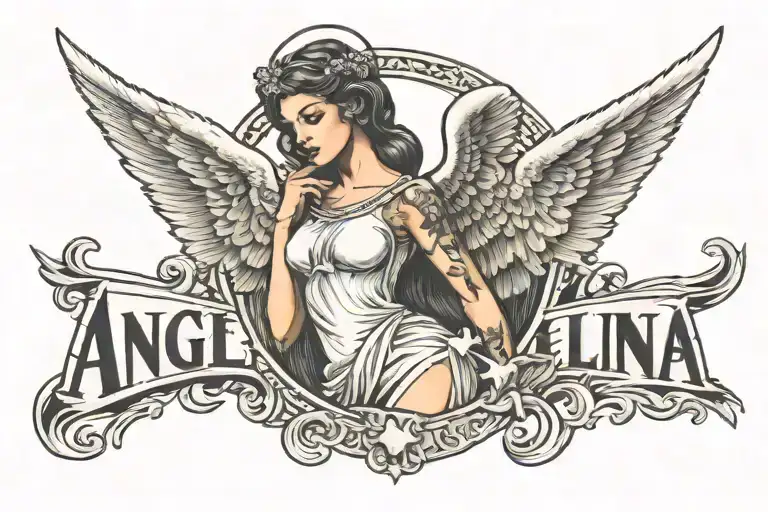 Tattoo Of The Name Angelina In The Form Of An Angel
