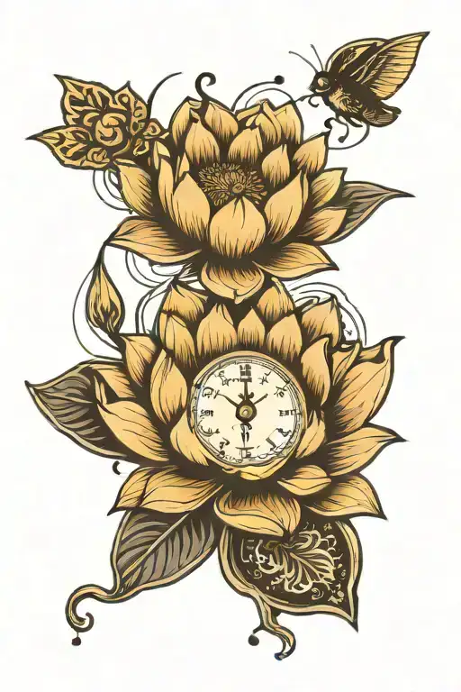 Lotus Flower With Time And An Astronout Above It Design