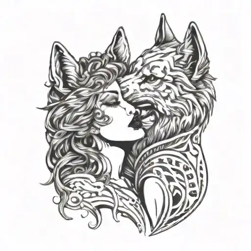 Lineart Black And White Woman Kissing Wolf On The Mouth
