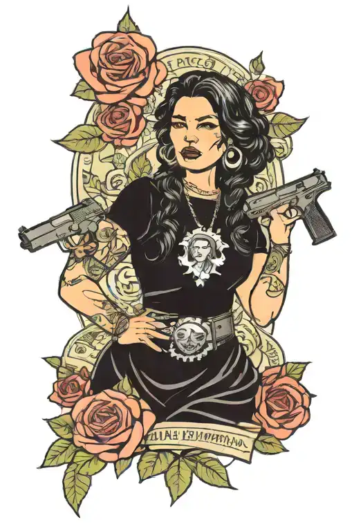 Chicana Girl Holding Guns In Hand Surrounded By Roses Made Of Money Bills