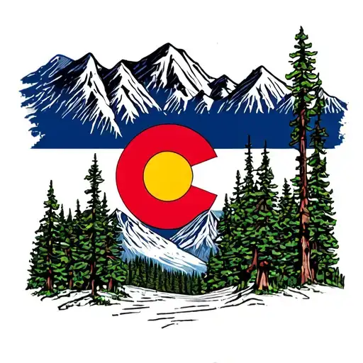 Mountains With Pine Trees And The Colorado Flag Logo