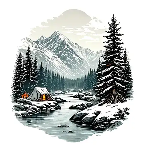 Snow Covered Mountains With River Leading To Forest With Campsite