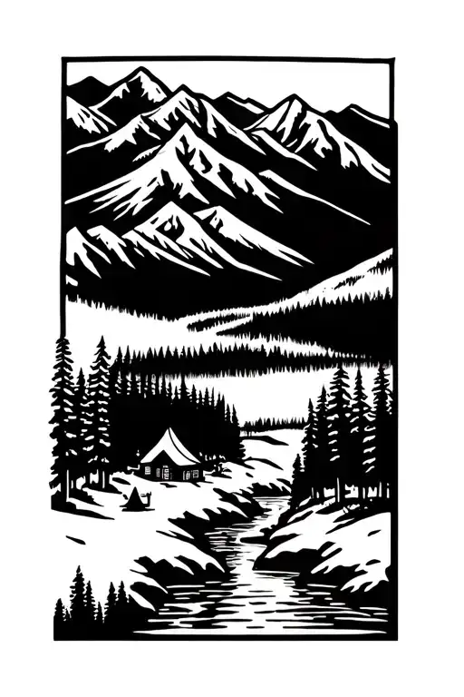 Snow Covered Mountains With River Leading To Forest With Campsite