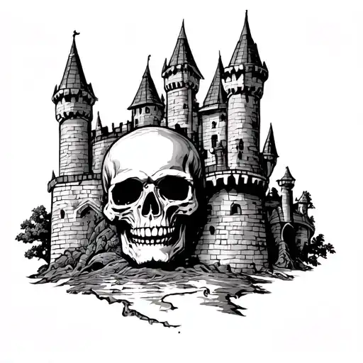 Skull Castle With Towers Black And Gray Oldschool