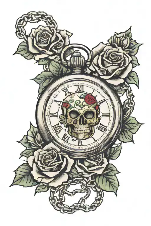 Gems Skull Roses Pocket Watch On Chain