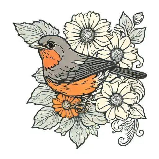 Robin With Daisy Flower