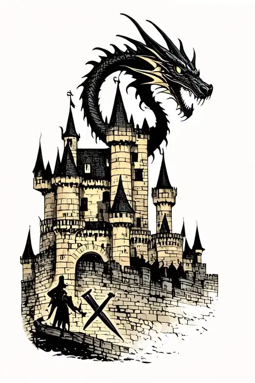 Dragon On Top Of Castle With Knight Approaching Castle With Sword Drawn Full Sleeve