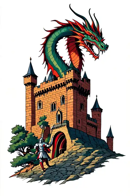 Dragon On Top Of Castle With Knight Approaching Castle With Sword Drawn Full Sleeve