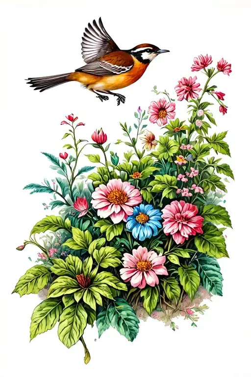 Beautiful Garden With Various Plants And Flowers And A Wren Flying Through It