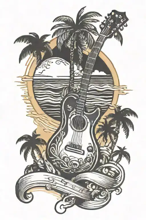 A Beach Scene With A Guitar And Palm Trees In The Background