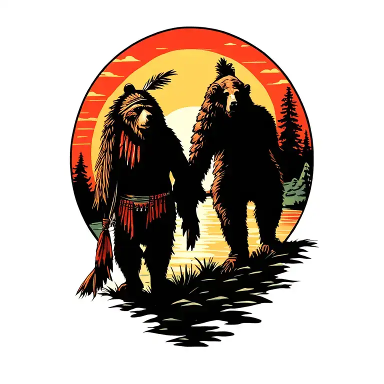 Bear And Indian Walking Into Sunset