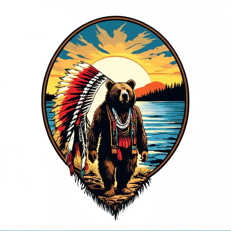 Bear And Indian Chief Walking Into Sunset