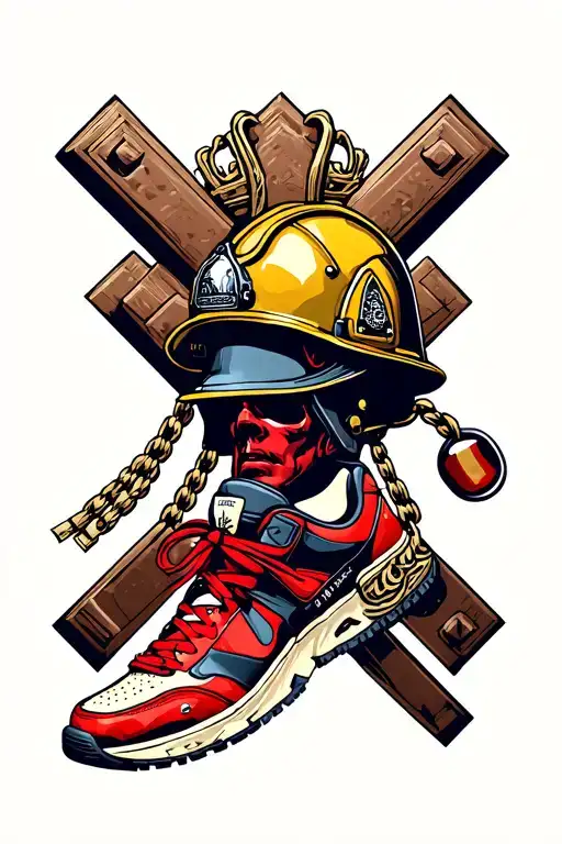 Cross With Firefighter Helmet And Running Shoes Dangling Off The Crown