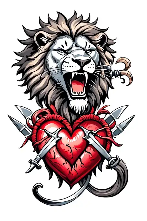Lion Head Roaring Combined With Heart And Daggers In The Heart