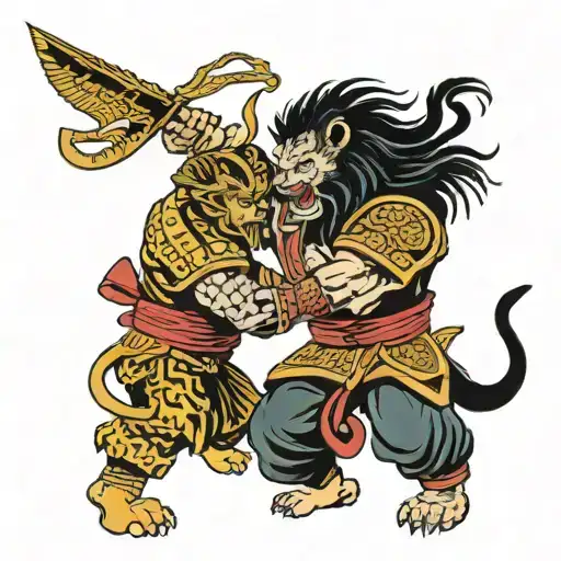 A Lion Wrestling With A Samurai Warrior In A Fierce Battle