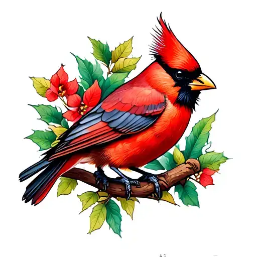 Cardinal Bird And Crow Perched