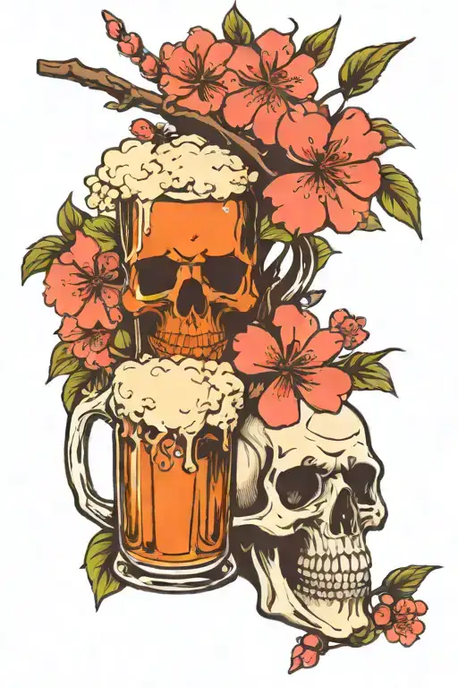 Cherry Blossom And Skull With Beer Mug Overflowing