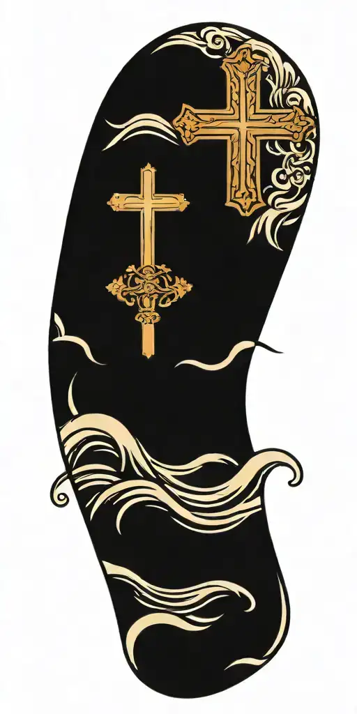 Ocean Waves With A Cross In The Sand