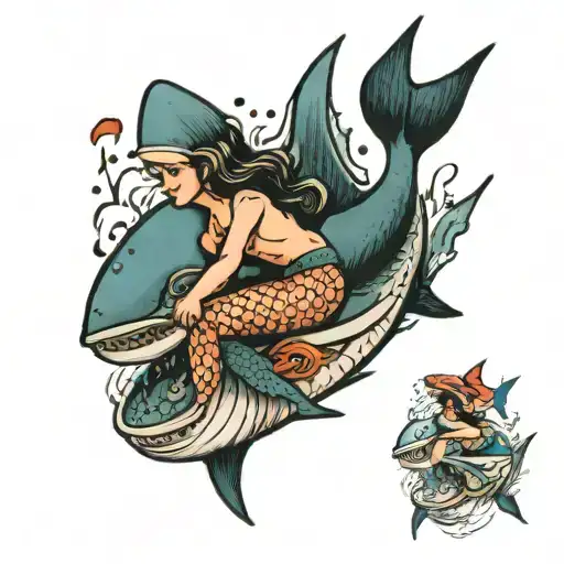 Mermaid Sitting On A Shark Swimming