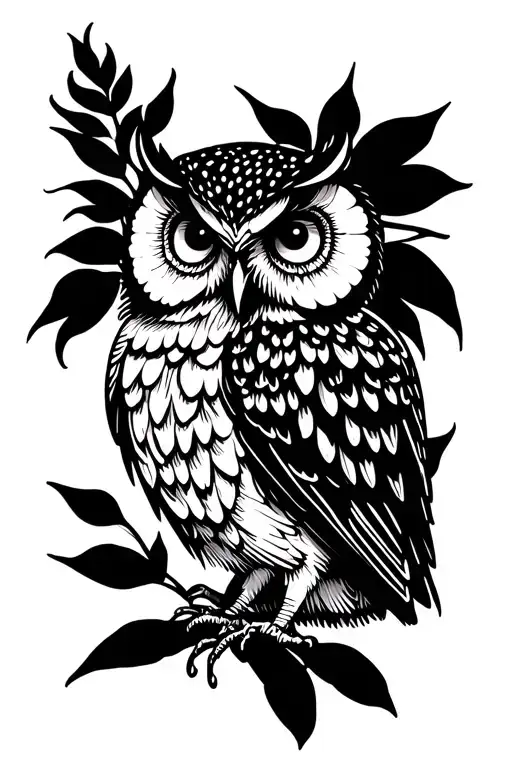 Owl With Flower Large Black Leaves