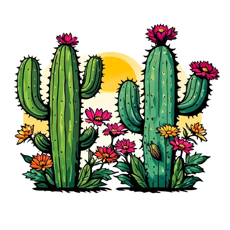 Two Cacti Under Bright Sun And Flowers Growing