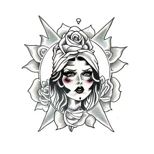 Witchy Gypsy Girl With Black Hair With Roses Moon