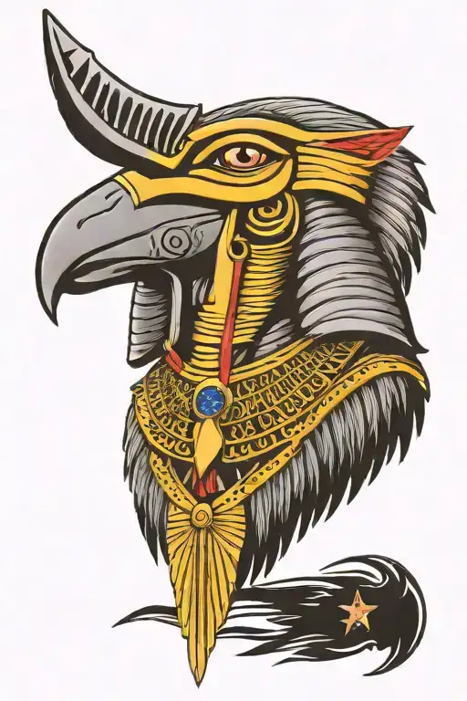 Egyptian God Horus With 6 Military Dog Tags Hanging Off His Neckand The American Flag Behind It All