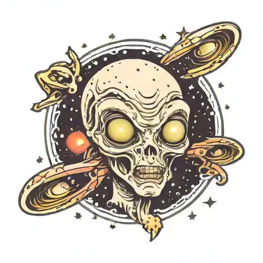 Traditional Style Alien Head Surrounded By Swirling Galaxies And Stars