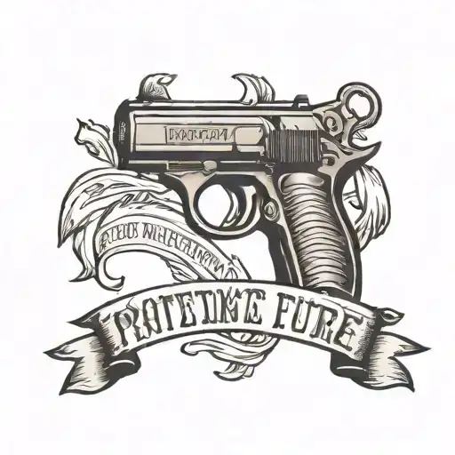 Traditional Style Tattoo Of A Gun Wrapped In A Banner That Reads 'Protecting Our Future'