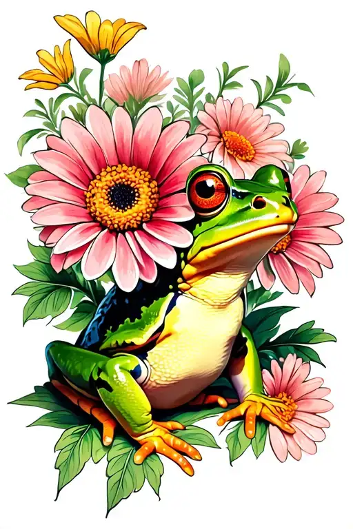 Green Frog In Gerberas Flower Surrounded