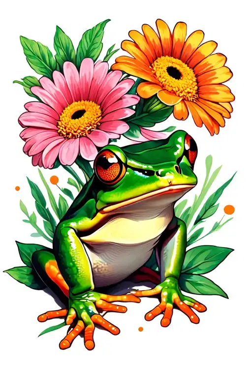 Green Frog In Gerberas Flower Surrounded Traditional Style