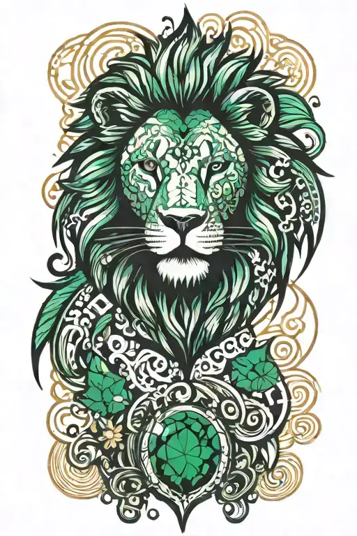 A Lion Silhouette Filled With Graffiti Patterns And A Shining Emerald Stone As Its Heart