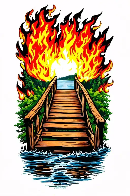Old Wooden Bridge On Fire