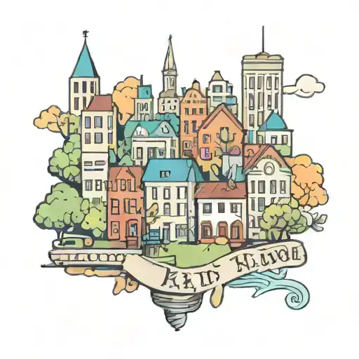 A Traditional Style Tattoo Of A Cityscape With Hidden Gaming References Throughout