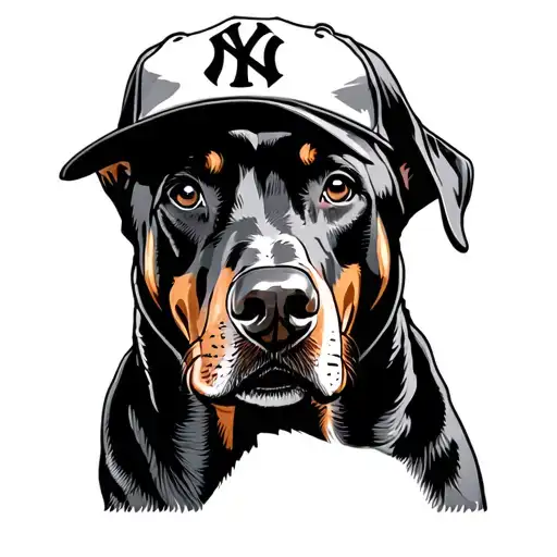 Traditional Doberman Dog With Ny Yankees Cap In Black And White Ink