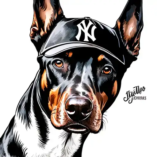 Traditional Doberman Dog With Ny Yankees Cap In Black And White Ink